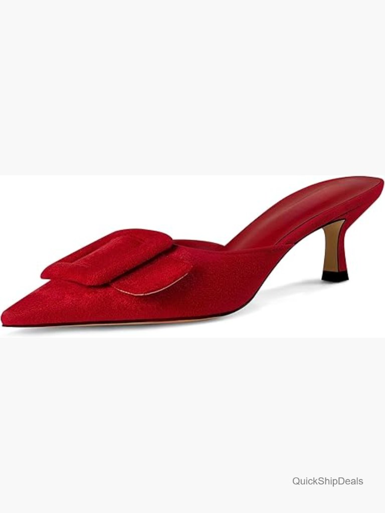 Suede Kitten Heel Mules With Pointed Toe Square Buckle Backless Slip On
